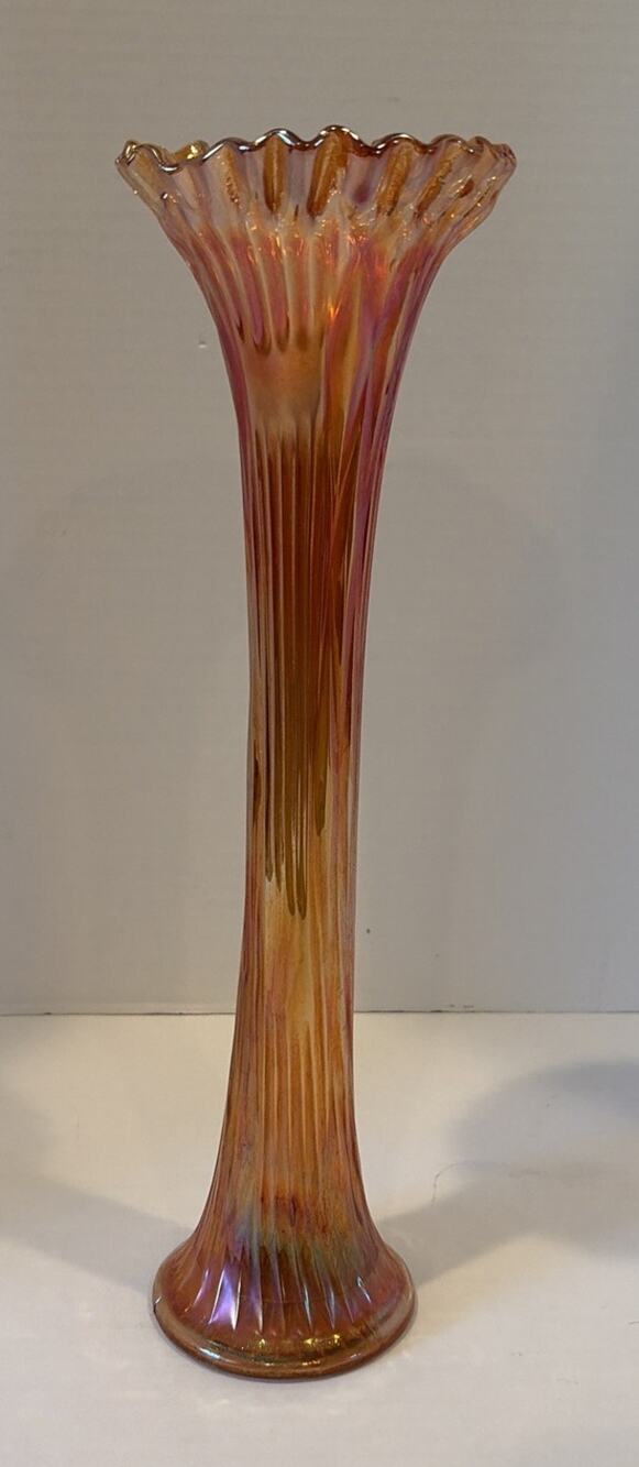 Vtg 15.5” Tall Vase Marigold Iridescent Carnival Ribbed Glass
